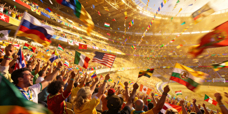 世界杯足球比赛现场观众欢呼场景 - 满座体育场与挥舞的旗帜